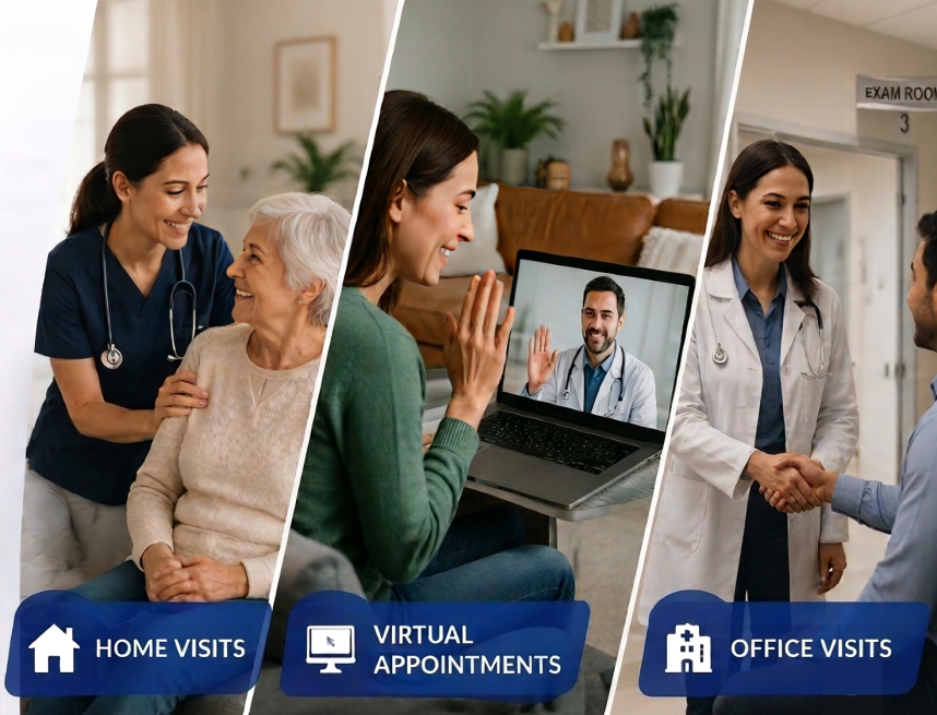 Home Visits, Virtual Appointments, Office Visits
